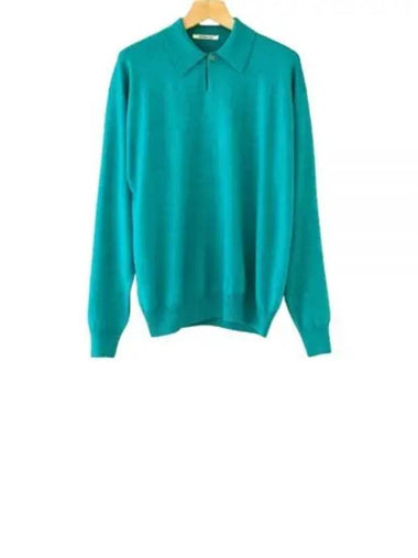 CASHMERE SILK WOOL KNIT POLO AQUA BLUE A24AP02SK - AURALEE - BALAAN 1