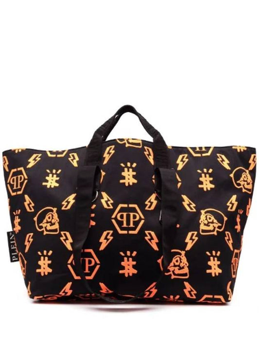 Monogram Pattern Cotton Tote Bag Black - PHILIPP PLEIN - BALAAN 1