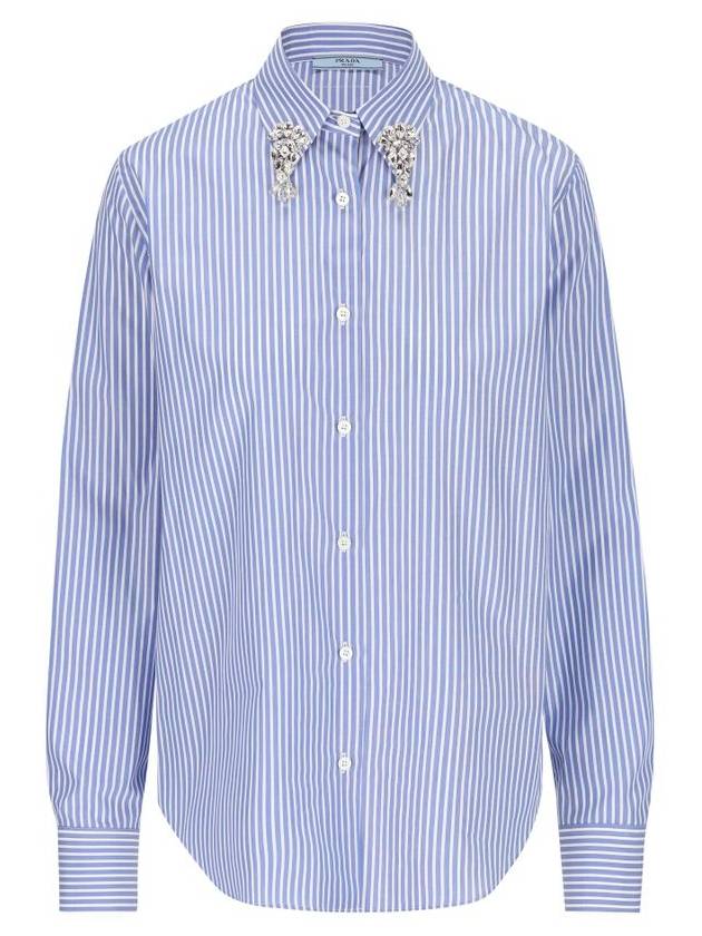 Embroided Collar Striped Poplin Long Sleeve Shirt Sapphire Blue - PRADA - BALAAN 2