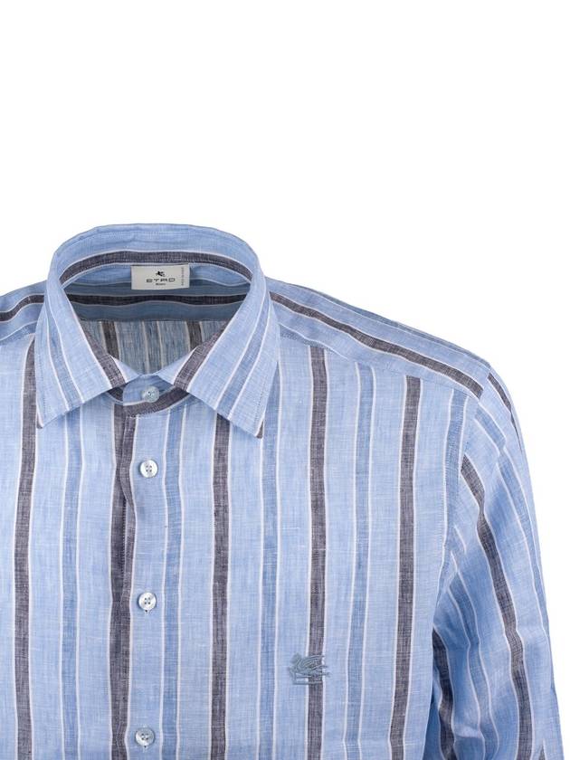 Etro Light Blue Linen Striped Shirt With Logo - ETRO - BALAAN 3