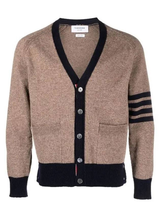 V-Neck 4-Bar Wool Cardigan Brown - THOM BROWNE - BALAAN 2