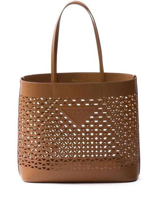 Logo Perforated Leather Tote Bag Caramel - PRADA - BALAAN 1