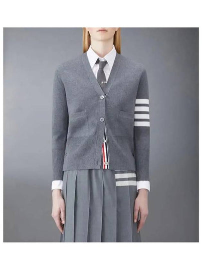 Milano Stitch 4 Bar Classic V Neck Fine Merino Wool Cardigan Medium Grey - THOM BROWNE - BALAAN 2