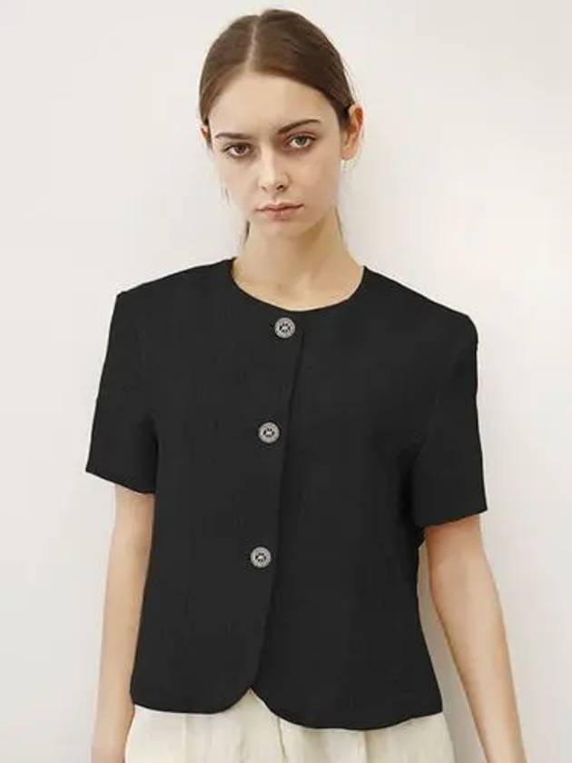 Linen 2 Round Neck Short Sleeve Black Crop Jacket Black - DAMAGE MNEMONIC - BALAAN 2