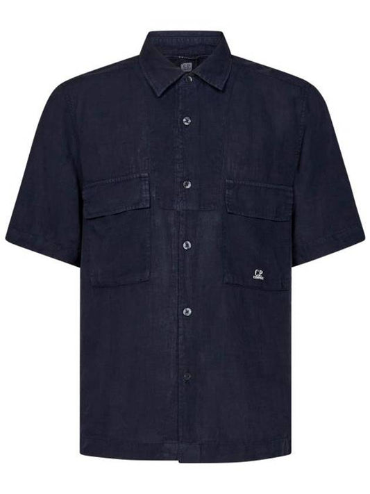 Linen Short Sleeve Shirt Navy - CP COMPANY - BALAAN 1