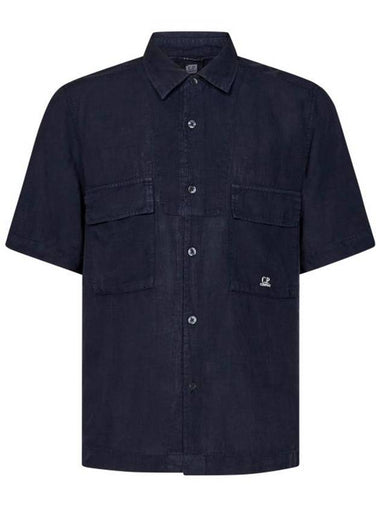 Linen Short Sleeve Shirt Navy - CP COMPANY - BALAAN 1