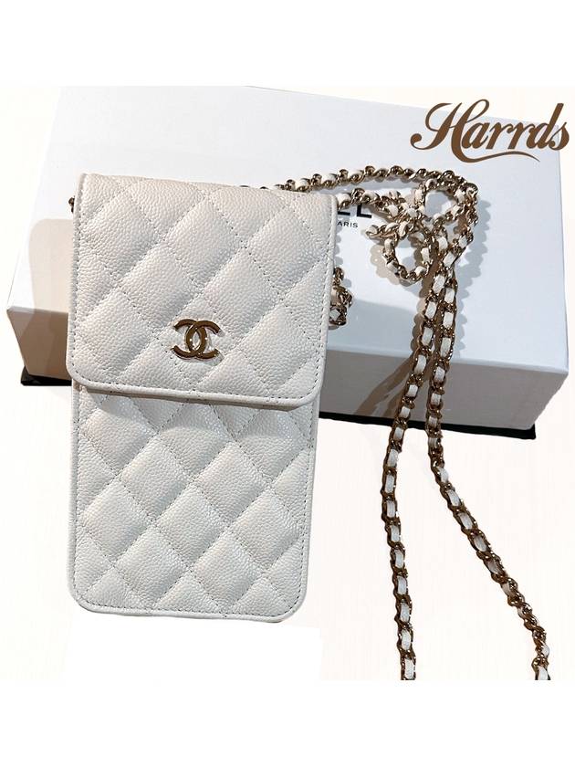 Classic Ribbon Chain Phone Holder Cross Bag WOC Caviar White Silver AP3307 - CHANEL - BALAAN 2