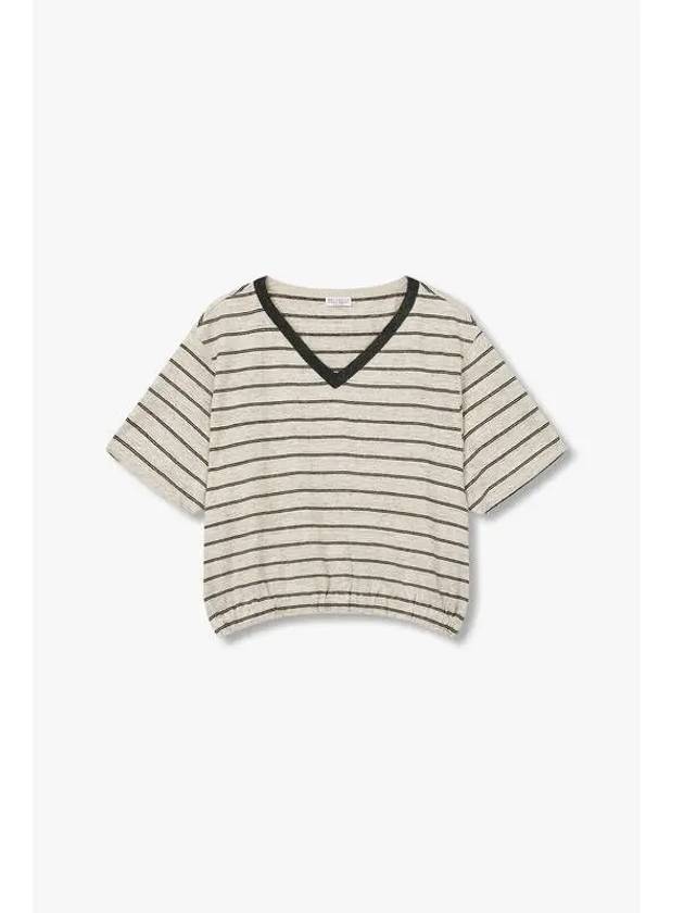 Women s Monili V neck striped t shirt melange beige - BRUNELLO CUCINELLI - BALAAN 1