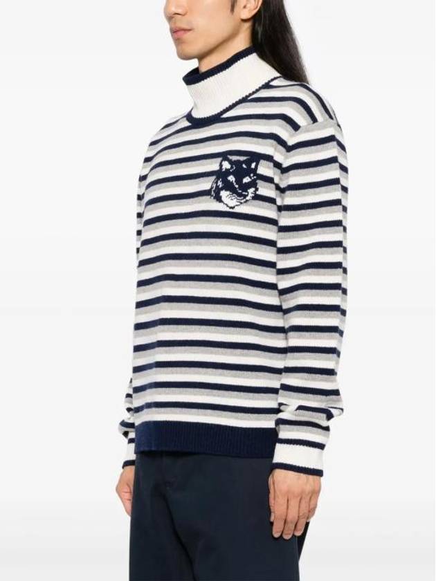 Fox Head Intarsia Striped High Neck Comfort Knit Top White Navy - MAISON KITSUNE - BALAAN 4