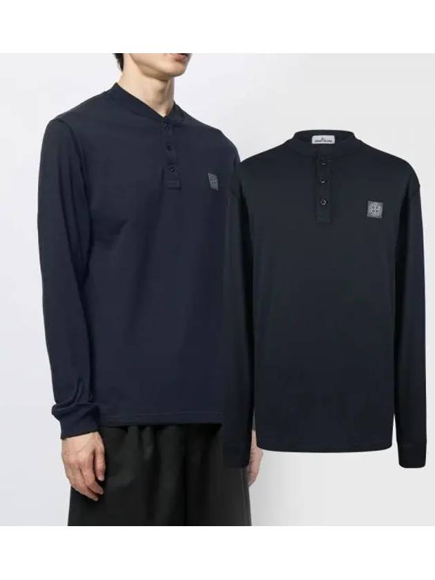 Logo Patch Button Long Sleeve T-Shirt Navy - STONE ISLAND - BALAAN 2