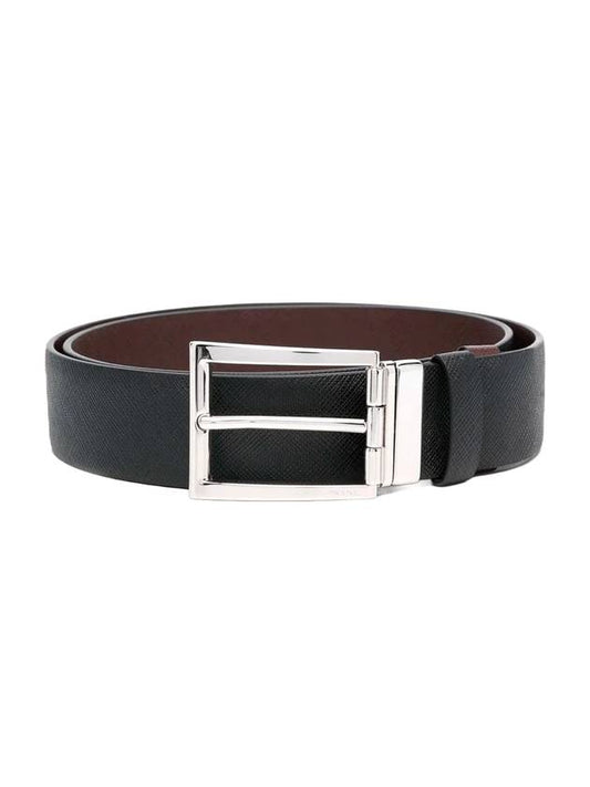 silver buckle saffiano leather belt black - PRADA - BALAAN.