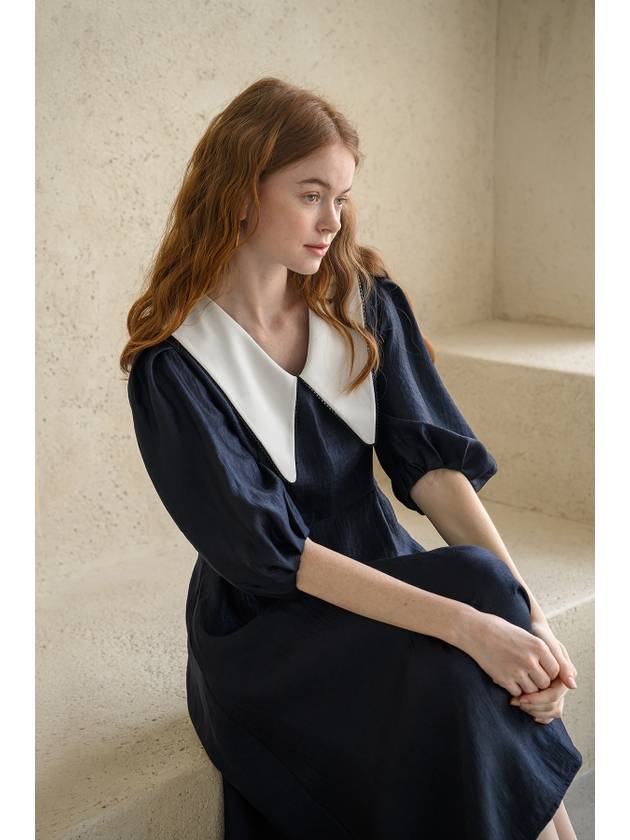 Puff sleeve wide collar A line long dress navy - CAHIERS - BALAAN 10