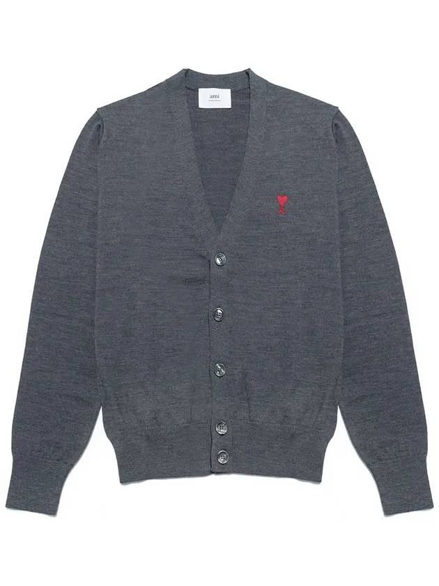 Red Heart Logo Merino Wool Cardigan Heather Grey - AMI - BALAAN 3