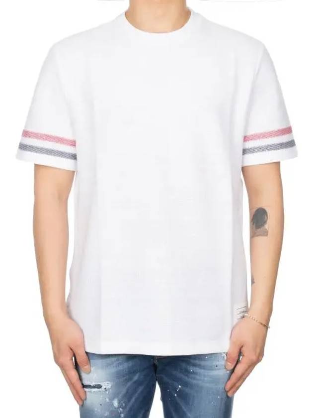 Textured Cotton Stripe Short Sleeve T-Shirt White - THOM BROWNE - BALAAN 3