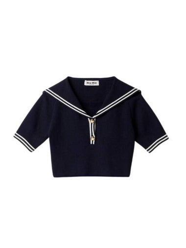 Sailor Collar Cotton Short Sleeve T-shirt Navy White - MIU MIU - BALAAN 1