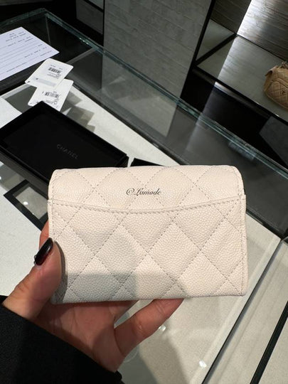 Classic Flap Snap Zipper 1 Stage Caviar Card Wallet White Gold Metal AP4096 - CHANEL - BALAAN 2