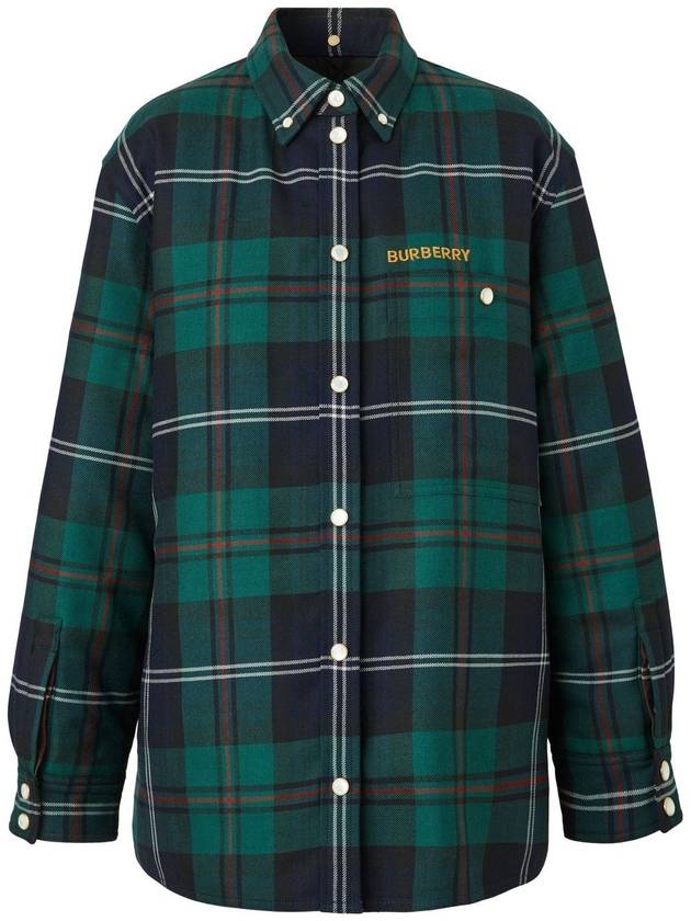 Women's Logo Embroidered Check Wool Overshirt Jacket Dark Green - BURBERRY - BALAAN 2