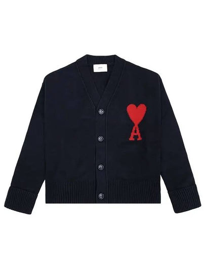 Intarsia Big Heart Logo Oversized Virgin Wool Cardigan Black - AMI - BALAAN 2