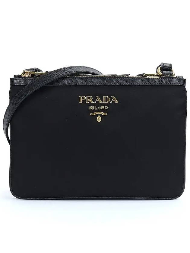 Gold Logo Double Zip Nylon Cross Bag Black - PRADA - BALAAN 2