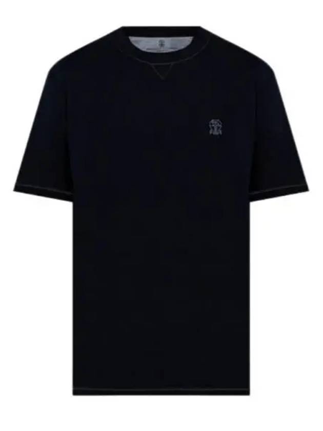 Embroidered Logo Short Sleeve T-Shirt Dark Blue - BRUNELLO CUCINELLI - BALAAN 2