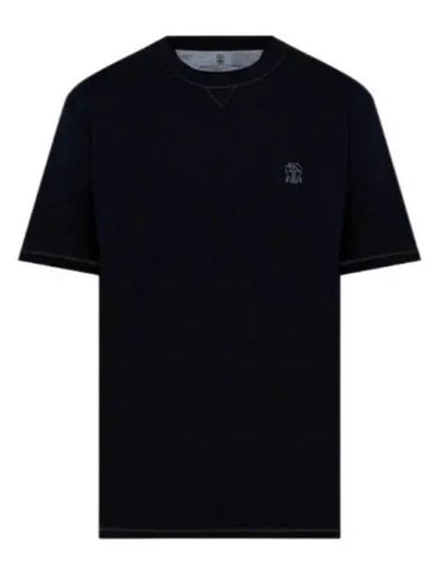 Embroidered Logo Short Sleeve T-Shirt Dark Blue - BRUNELLO CUCINELLI - BALAAN 2