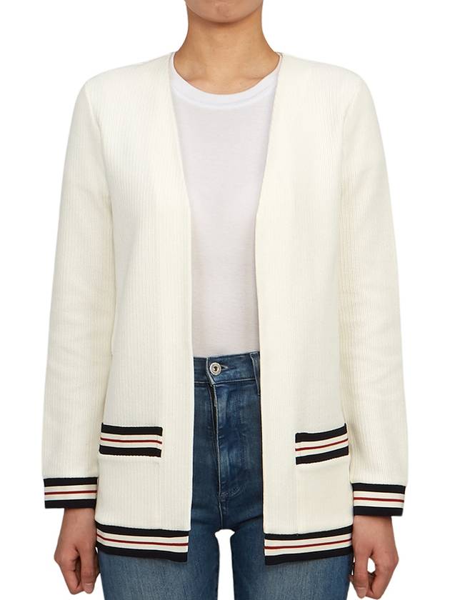 Cricket Stripe Lightweight Textured Cotton V-Neck Cardigan White - THOM BROWNE - BALAAN 2