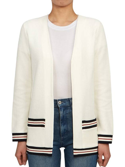 Cricket Stripe Lightweight Textured Cotton V-Neck Cardigan White - THOM BROWNE - BALAAN 2