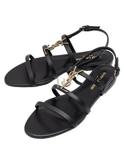 Women's Smooth Leather Gold Tone Monogram Detail Cassandra Flat Sandals Black - SAINT LAURENT - BALAAN 2