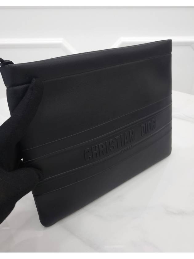 Black Lettering Stripe Embossed Logo Leather Clutch - DIOR - BALAAN 3