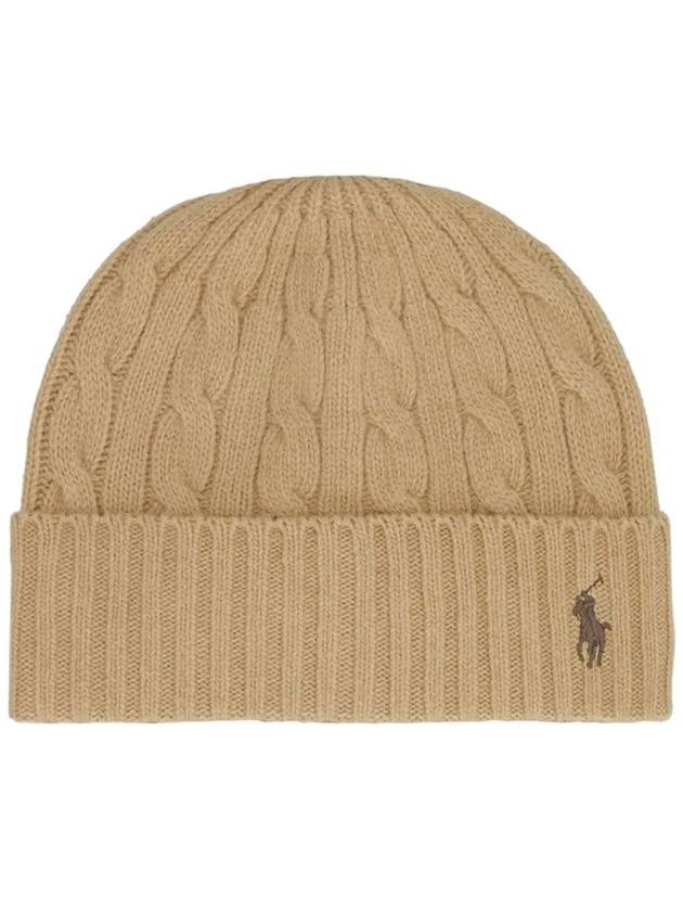 cable knit logo embroidered beanie camel - POLO RALPH LAUREN - BALAAN.