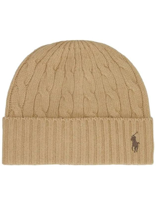 Embroidered Logo Cable Knit Beanie Camel - POLO RALPH LAUREN - BALAAN 2