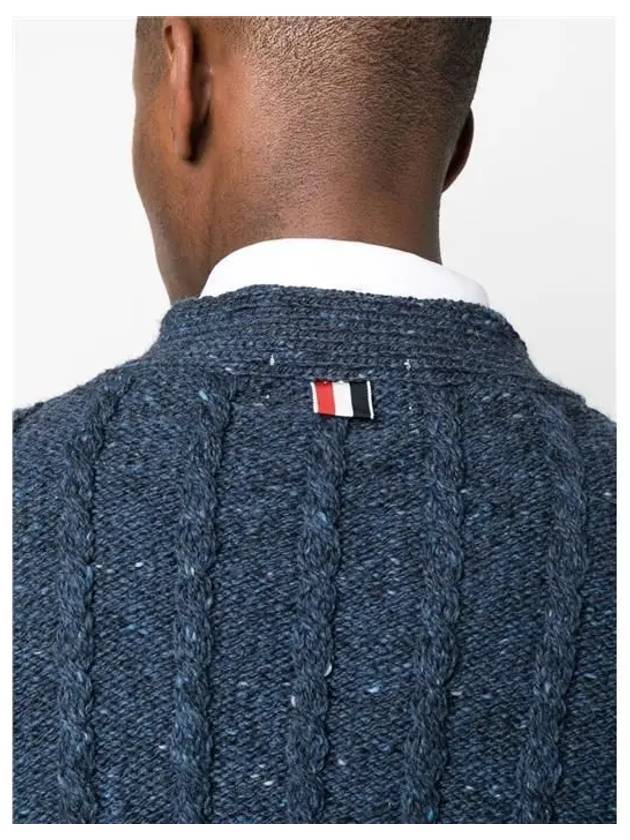 Donegal Twist Cable 4 Bar Classic V Neck Cardigan Blue - THOM BROWNE - BALAAN 6