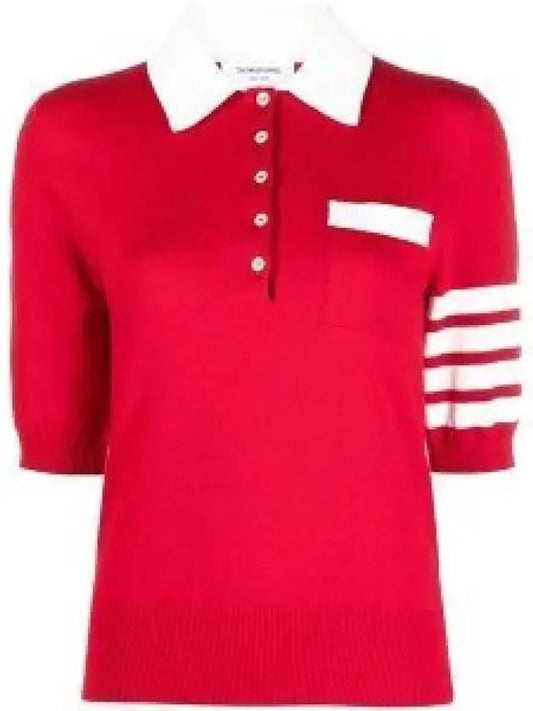 Cotton Hector Pointelle 4-Bar Polo Shirt Red - THOM BROWNE - BALAAN 2