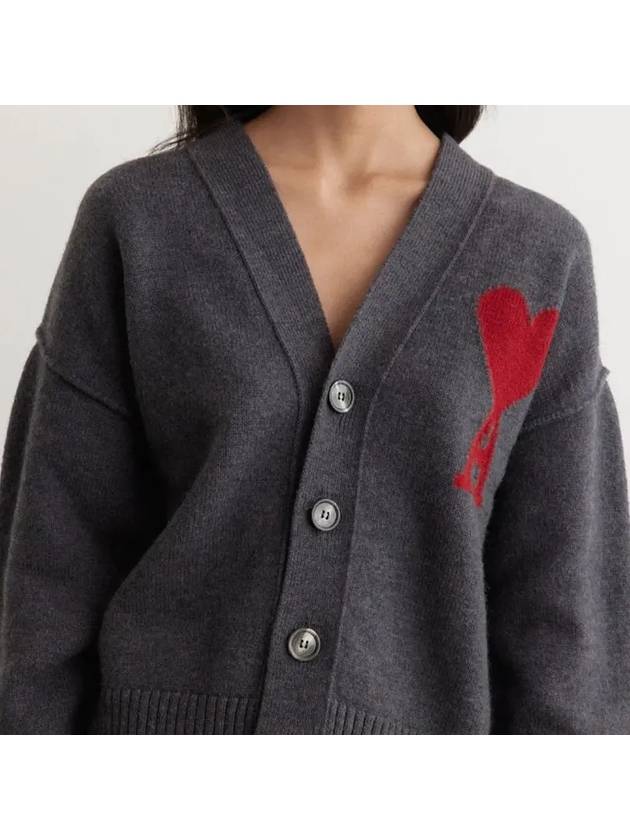 Heart Logo V Neck Wool Cardigan Heather Grey - AMI - BALAAN 3