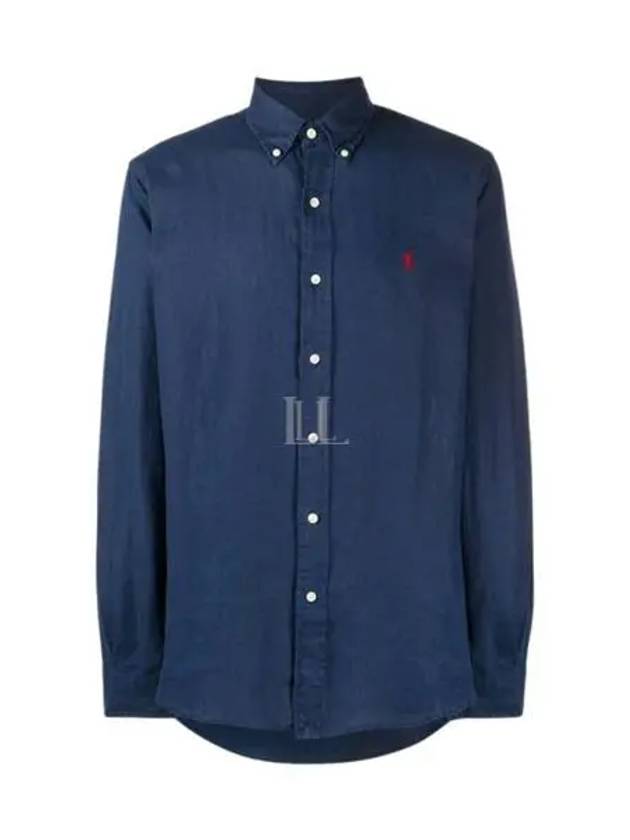 Men's Pony Embroidery Linen Oxford Long Sleeve Shirt Blue - POLO RALPH LAUREN - BALAAN 2