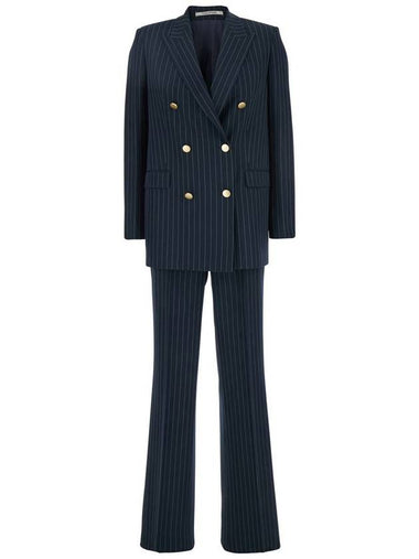 'Jasmine' Midnight Blue Double-Breasted Suit With Peak Revers And Pinstriped Motif In Wool Stretch Woman - TAGLIATORE - BALAAN 1