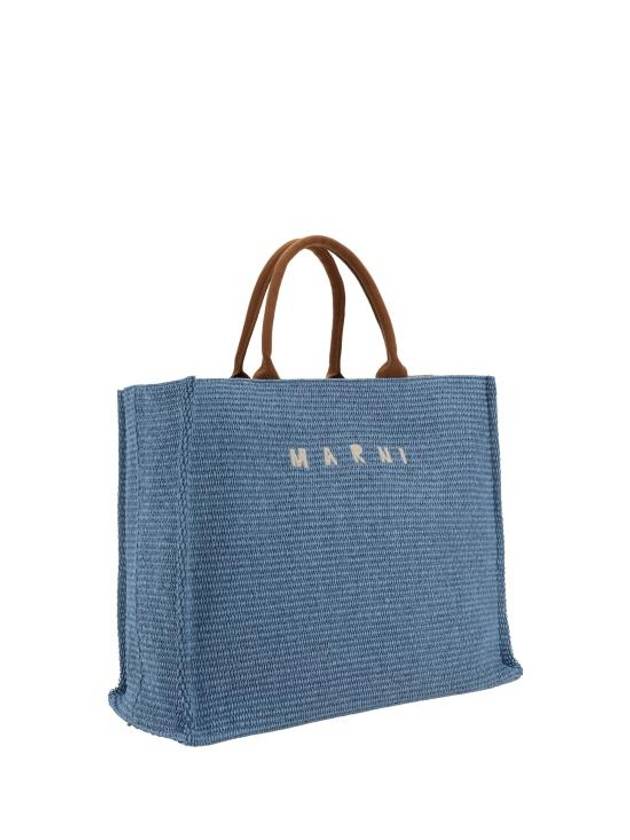 Embroidered Logo Raffia Tote Bag Light Blue - MARNI - BALAAN 3