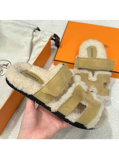 Women's Chypre Sandals Goatskin Woolskin Khaki Beige - HERMES - BALAAN 1