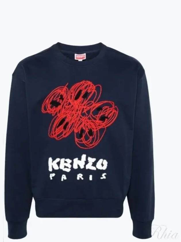 Drawn Varsity Embroidered Cotton Sweatshirt Navy - KENZO - BALAAN 2