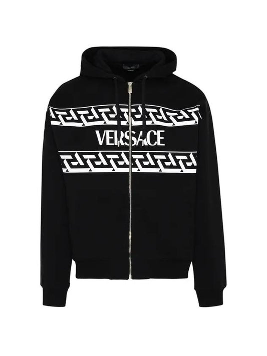 Signature Greca Logo Print Zip-Up Hoodie Black - VERSACE - BALAAN 1