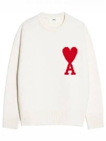 Big heart embroidered crew neck sweater knit off white red 270606 - AMI - BALAAN 1