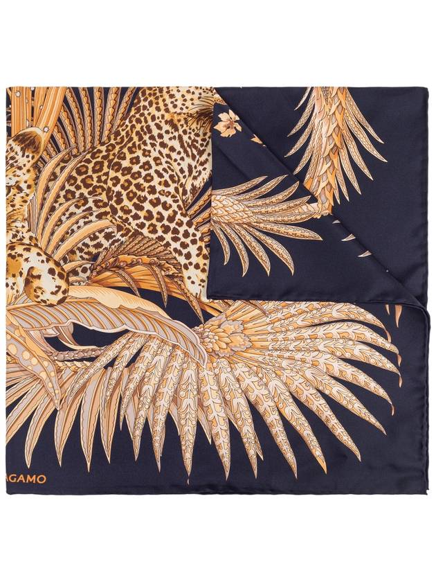 FERRAGAMO Silk Scarf With Print, Women's, Navy Blue - SALVATORE FERRAGAMO - BALAAN 1