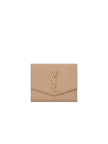 Uptown Compact Grain De Poudre Embossed Leather Halfwallet Dark Beige - SAINT LAURENT - BALAAN 1