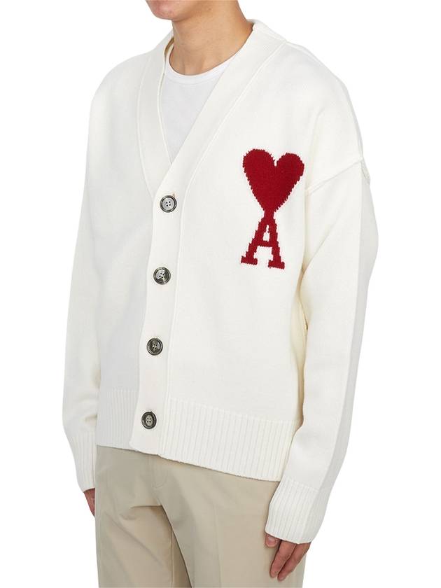 Heart Logo V Neck Wool Cardigan Off White - AMI - BALAAN 3