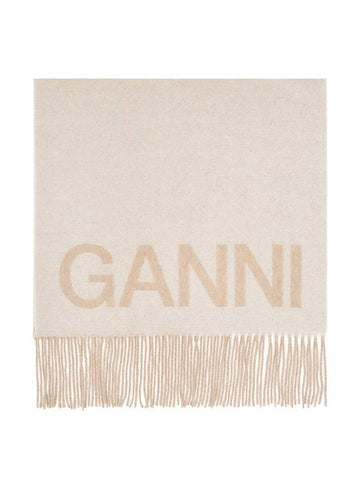 logo print fringe wool muffler beige - GANNI - BALAAN.