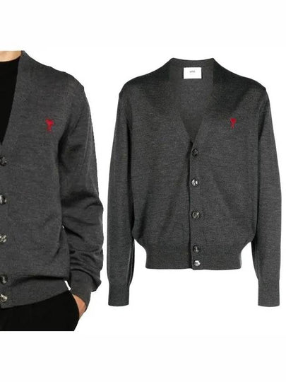 Red Heart Logo Merino Wool Cardigan Heather Grey - AMI - BALAAN 2