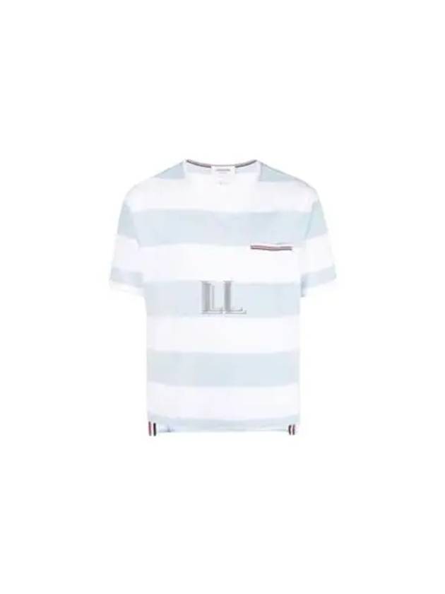 Men's Rugby Striped Pick Pocket Short Sleeve T-Shirt Light Blue White - THOM BROWNE - BALAAN 2