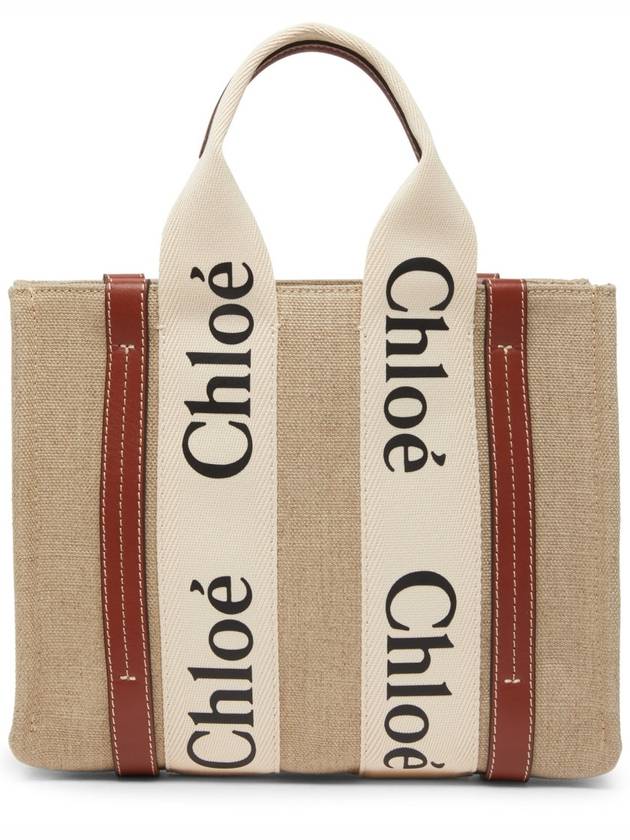 Woody Linen Canvas Calfskin Tote Bag White Brown - CHLOE - BALAAN 2