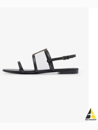 Women's Smooth Leather Gold Tone Monogram Detail Cassandra Flat Sandals Black - SAINT LAURENT - BALAAN 2