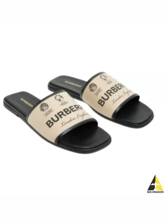 Label Print Gabardine Leather Slippers Beige - BURBERRY - BALAAN 2